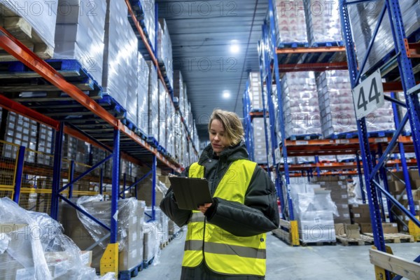 Woman worker in protective clothing and high visibility vest checking goods on shelves with a digital tablet, managing stock in a frozen storage facility