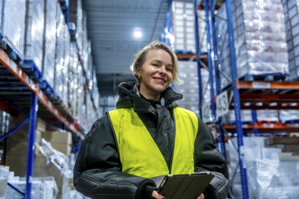 Woman worker smiling in safety vest, holding a tablet, standing in a large cold storage warehouse with tall shelves stocked with goods, managing logistics and inventory