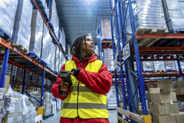Worker in safety vest and warm jacket using a barcode scanner to manage inventory, ensuring efficient cold chain logistics and supply management in a large storage facility