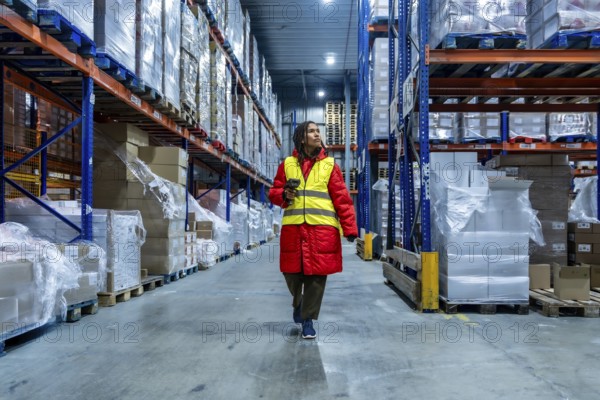 Female warehouse worker wearing warm clothing and a safety vest, scanning inventory while walking through a large industrial cold storage facility filled with pallets of wrapped goods on high racks