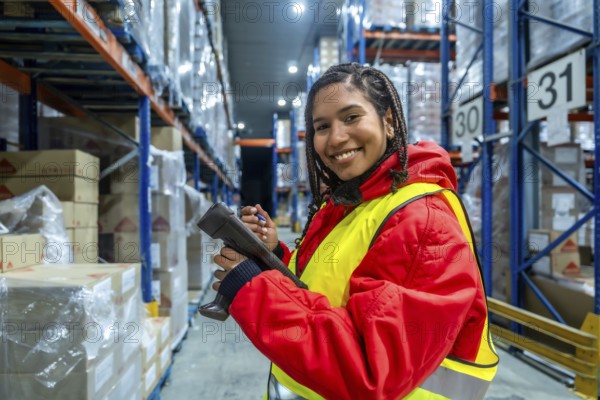 Latin american warehouse worker smiling while using a barcode scanner to perform inventory checks and manage cold chain logistics in a refrigerated storage facility