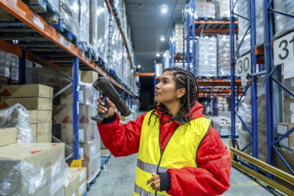 Worker wearing protective clothing and a high visibility vest scanning boxes on tall racks, managing stock in a large industrial distribution center for cold chain logistics and supply