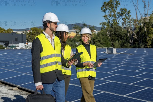 Team of diverse engineers and technicians wearing hard hats and high visibility vests inspecting a large array of solar panels on a rooftop, symbolizing sustainable energy and green technology