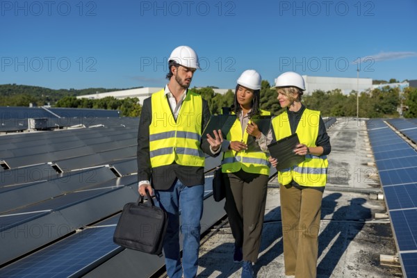 Team of diverse energy engineers and technicians inspecting solar panels on a rooftop, discussing clean energy solutions and future renewable power generation