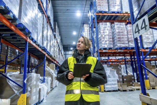 Woman worker wearing a warm jacket and high visibility vest using a digital tablet while checking stock and managing logistics in a large freezer warehouse