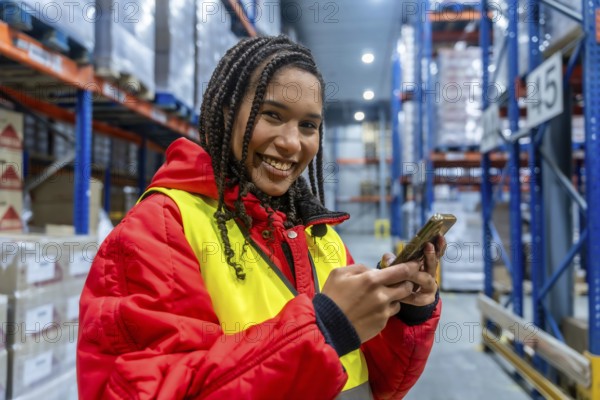 Smiling female worker managing cold storage inventory, checking orders and ensuring efficient logistics operations for frozen goods using a mobile device in a large industrial warehouse