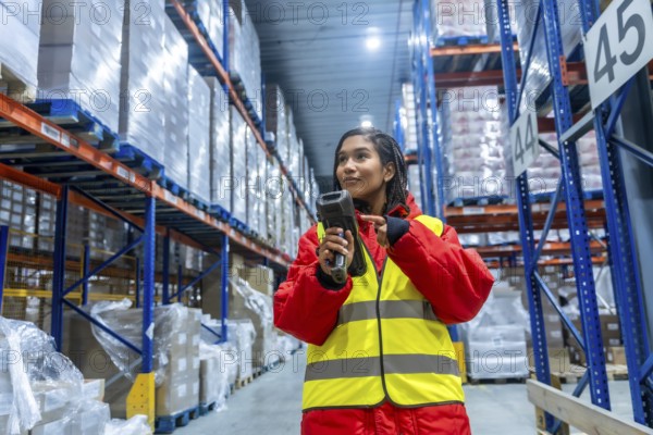 Woman wearing protective cold weather gear and a high visibility vest operating a barcode scanner, managing inventory and logistics in a large, modern cold storage facility