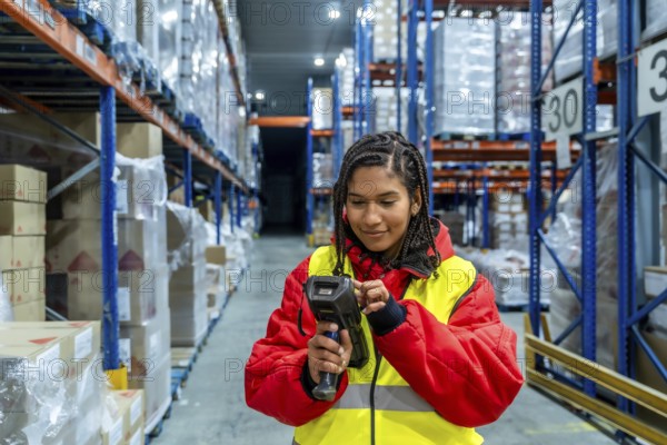 Woman worker managing inventory and scanning products with a handheld scanner in a cold storage logistics warehouse, ensuring efficient supply chain and distribution of goods