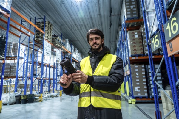 Worker wearing protective clothing and a high visibility vest operating a barcode scanner, managing cold or frozen storage logistics in a large warehouse aisle