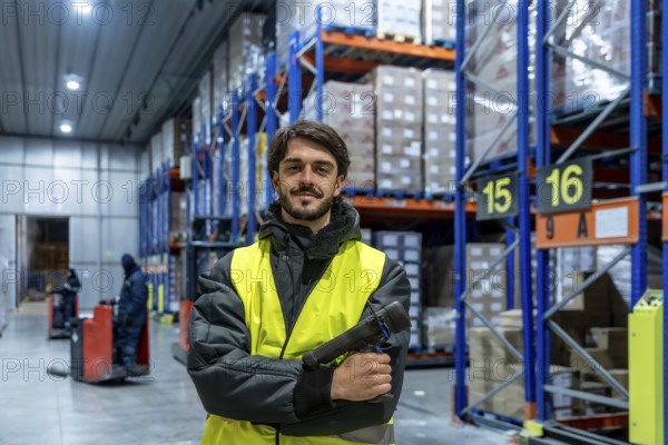 Worker smiling at the camera, holding an inventory scanner while standing in a cold storage warehouse with racking full of products, ensuring efficient frozen chain logistics