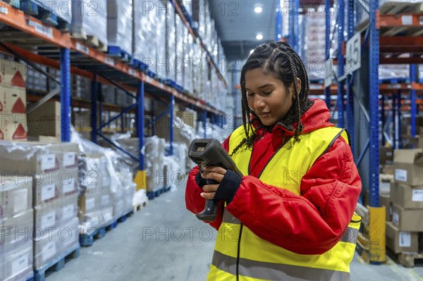 Logistics worker wearing warm clothing and a safety vest performing inventory checking with a handheld scanner among tall shelves filled with packaged goods in a frozen warehouse environment