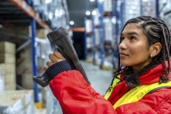 Woman worker performing stocktaking, scanning products in a refrigerated warehouse, maintaining supply chain efficiency and managing cold storage inventory