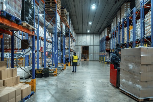 Workers are moving inventory using a forklift and inspecting goods on high racks in a large cold storage logistics warehouse, ensuring efficient operations and supply chain management