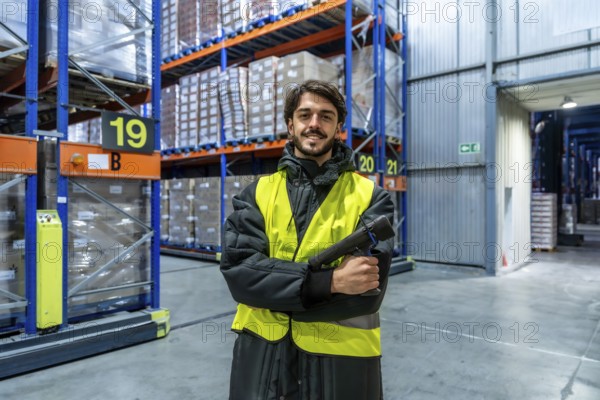 Man in safety vest and warm clothing holding a scanner, working in a cold storage warehouse with tall racks of frozen goods for logistics and supply chain operations