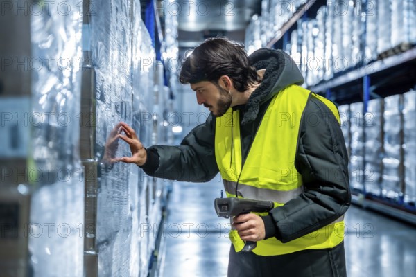Warehouse worker in protective cold weather gear and safety vest inspecting a stack of frozen goods on a pallet with a barcode scanner in a refrigerated industrial logistics facility