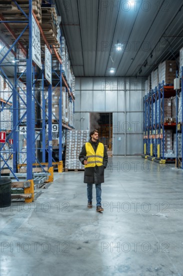 Male worker wearing a safety vest and winter jacket managing inventory in a large, modern cold storage warehouse, ensuring efficient frozen logistics and supply chain operations