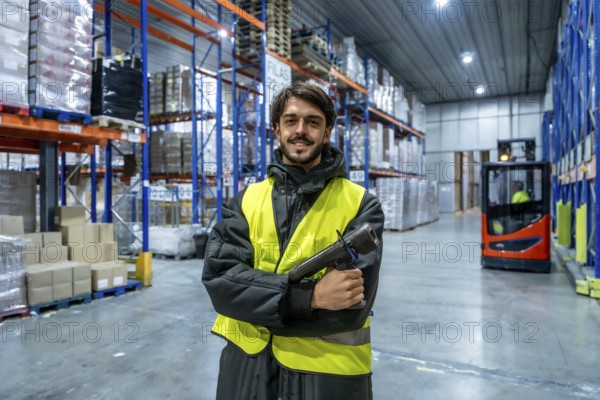 Man smiling inside a frozen warehouse, wearing a warm jacket and high visibility vest, holding a digital scanner, with shelves and pallets of goods in the background, managing inventory