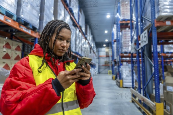 Female warehouse worker wearing warm clothing and a safety vest, actively managing inventory and logistics tasks using a smartphone in a cold storage facility