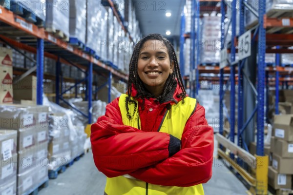 Smiling young woman standing with arms crossed in a brightly lit cold storage warehouse. Wearing protective red and yellow safety gear. Representing efficient supply chain management and distribution