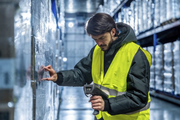 Worker wearing a safety vest and warm jacket, scanning a barcode on wrapped merchandise in a cold storage warehouse, managing inventory and supply chain operations
