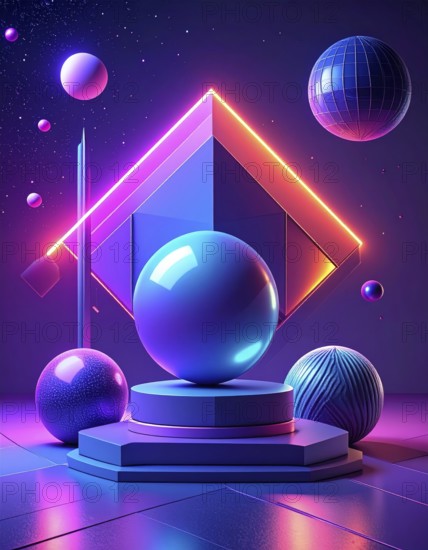 Abstract modern objects, futuristic art with neon gradients and geometric shapes. spheres, cubes and three dimensional objects, abstract wallpaper illustration for banner, template or vibrant background, AI generated