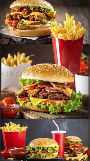 Collage of various fast food meals. beagles, hamburger, cheeseburger, french fries and a view green salad pieces, unhealthy lifestyle, symbol for bad nutrition, wallpaper illustration for banner or template background, AI generated