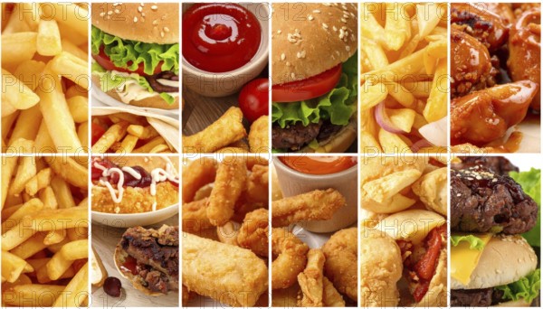 Collage of various fast food meals. beagles, hamburger, cheeseburger, french fries and a view green salad pieces, unhealthy lifestyle, symbol for bad nutrition, wallpaper illustration for banner or template background, AI generated