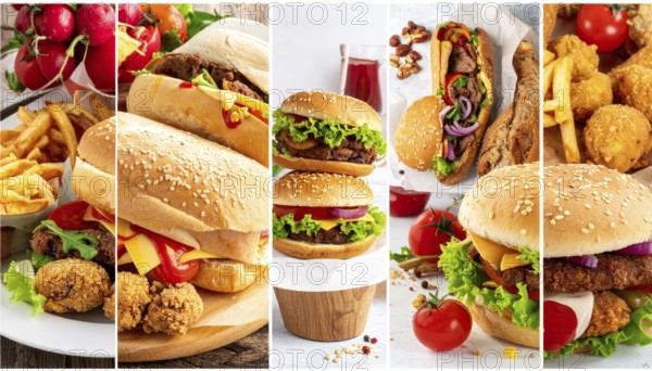 Collage of various fast food meals. beagles, hamburger, cheeseburger, french fries and a view green salad pieces, unhealthy lifestyle, symbol for bad nutrition, wallpaper illustration for banner or template background, AI generated