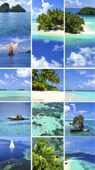 Collage of tropical islands with beach and palm trees, paradise with blue cloudy sky, turquoise water, green plant, sandy shore, wallpaper illustration, template or banner for ecology, sustainability, landscape and travel, AI generated