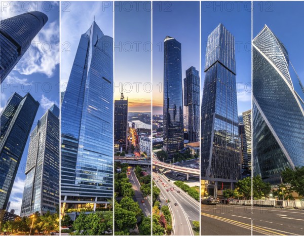 Collage of skyscrapers of a metropolitan city, various skylines with different blue sky in sunset, urban wallpaper illustration background, banner or template for real estate and travel themes, AI generated