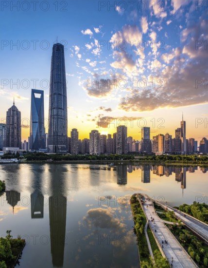 Collage of skyscrapers of a metropolitan city, various skylines with different blue sky in sunset, urban wallpaper illustration background, banner or template for real estate and travel themes, AI generated