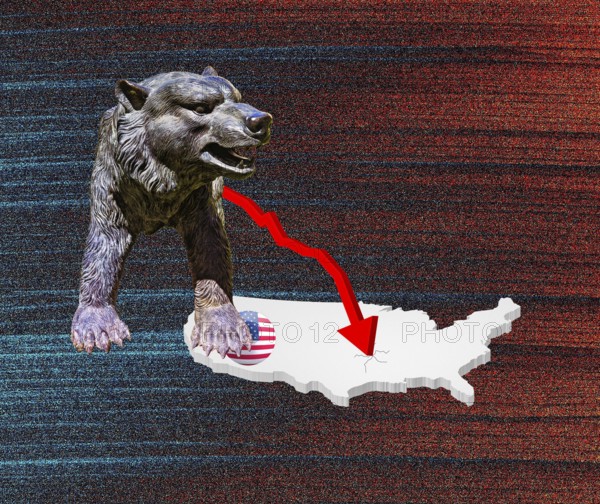 Symbolic picture, bear stands for stock market bear market, Wall Street and DAX crash, President Trump erratic decisions, global tariffs, share prices, euro, euro exchange rate, euro low, exchange rates, dollar parity, investment, recession concerns, inflation, export, raw materials and intermediate products in dollars, oil in dollars, world crisis, Ukraine war, Germany, loss of deatimore, autocracy, China, Russia