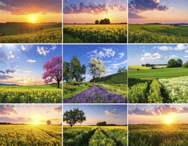 Collage of spring and summer landscapes, blooming flowers, green meadows and trees, hilly landscape with mountains, blue cloudy sky with sunrise or sunset, wallpaper illustration for banner or template background, AI generated