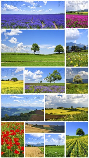 Collage of spring and summer landscapes, blooming flowers, green meadows and trees, hilly landscape with mountains, blue cloudy sky with sunrise or sunset, wallpaper illustration for banner or template background, AI generated