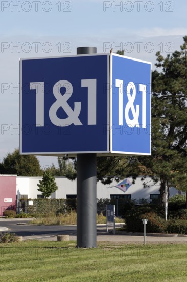 Telecommunications company 1&1, advertising column at the company headquarters 1&1 Versatel, United Internet AG, Düsseldorf, North Rhine-Westphalia, Germany