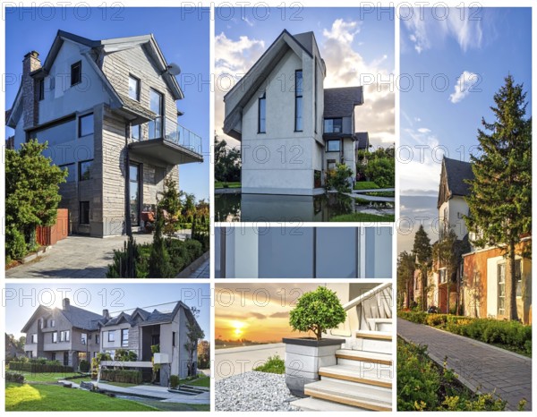 Collage of real estate residential building, modern architecture style, surrounded by green garden, variety of apartments, villas and luxurious homes. blue cloudy sky with sunset or sunrise, conceptual illustration, wallpaper for banner, poster or template, AI generated