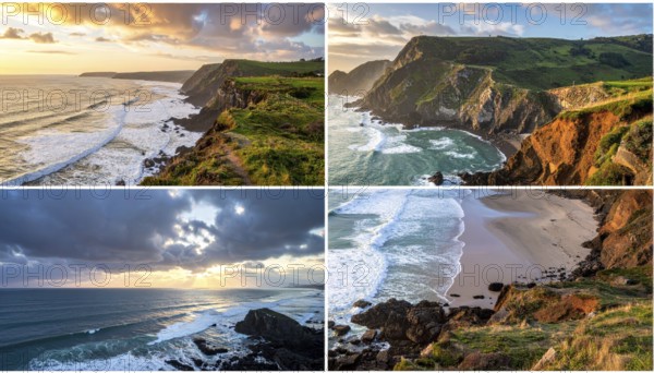 Collage of coastal landscapes with cliffs and shore break, spectacular nature, cloudy sky with beautiful sunset or sunrise, variety of travel destination for road trip or hiking, wallpaper illustration for banner, poster or template, AI generated