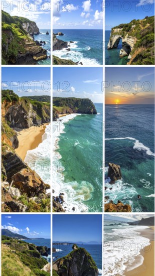 Collage of coastal landscapes with cliffs and shore break, spectacular nature, cloudy sky with beautiful sunset or sunrise, variety of travel destination for road trip or hiking, wallpaper illustration for banner, poster or template, AI generated
