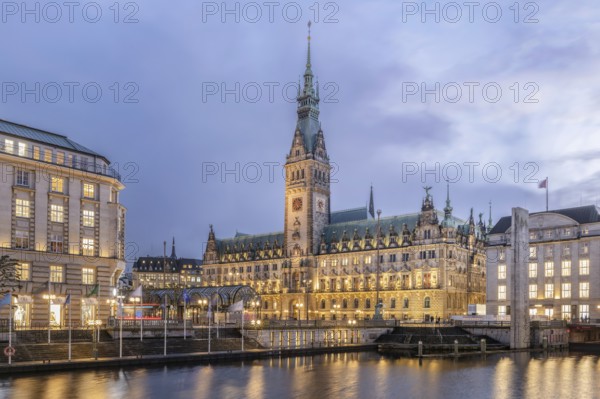 Hamburg City Hall with Little Alster in the foreground at Blue Hour, Hamburg, Germany