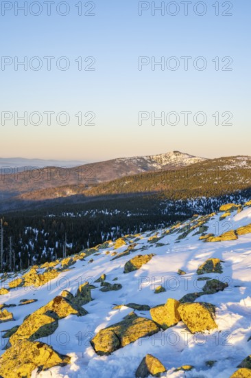 View from Mount Lusen over the hills of the bavarian forest at sunrise in winter, Bavaria, Germany