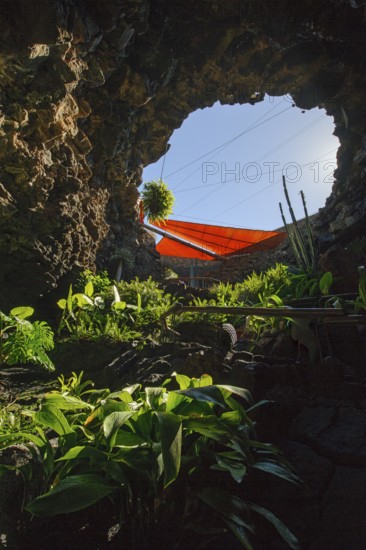 Exit from the Jameos del Agua cave in 1968 Center for Art Culture and Tourism created by César Manrique, Punta Mujeres, Las Palmas, Canary Islands, Spain