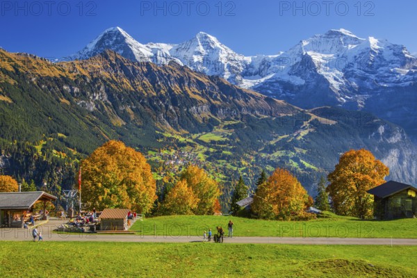 Mountain inn in the hamlet of Sulwald with views of Wengen, Eiger 3967m, Mönch 4110m and Jungfrau 4158m in autumn, Isenfluh, Lauterbrunnental, Bernese Oberland, Canton of Bern, Switzerland