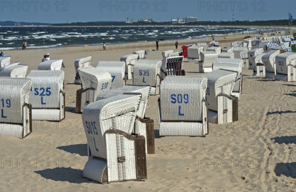 Beach chairs on the sandy beach of the seaside resort of Ahlbeck, Usedom Island, Mecklenburg-Western Pomerania, Germany