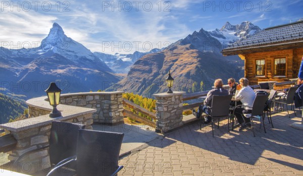 Sun terrace at mountain house on the Sunnegga with Matterhorn 4478 m, Zermatt, Mattertal, Valais, Switzerland