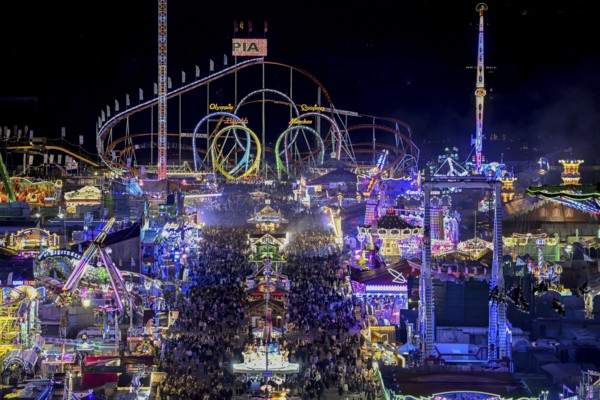 View of Oktoberfest from St. Paul's Catholic Church, Blue Hour, Munich, Bavaria, Germany