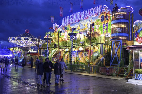 Alpenrausch ride, blue hour, Oktoberfest, Munich, Bavaria, Germany