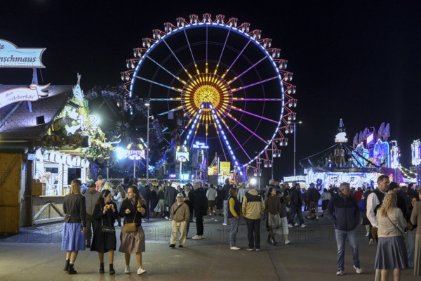 Oktoberfest visitors at night with the Ferris wheel in the background, Munich, Bavaria, Germany