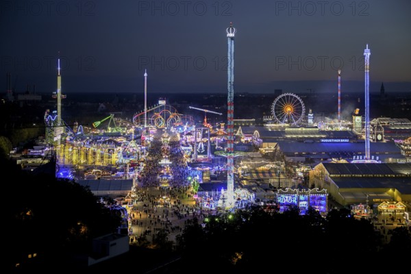 View of Oktoberfest from St. Paul's Catholic Church, Blue Hour, Munich, Bavaria, Germany