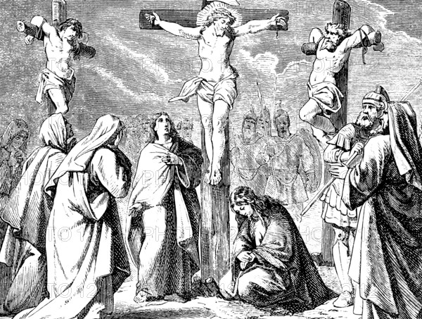 Jesus on the cross, Gospel of Matthew, chapter 27, crucifixion, son of God, criminal, armed warriors, grief, death, blood, nails, Mary Magdalene, two murderers, New Testament, Bible, historical illustration 1877