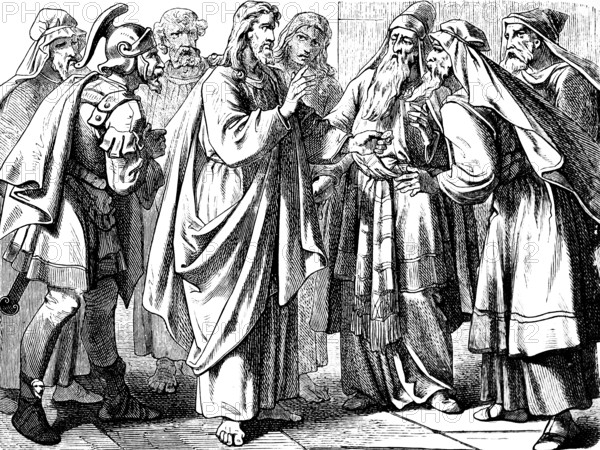 Give the emperor what is the emperor and God what is God, Gospel of Mark, chapter 12, interest, Pharisee, Herod's servant, groschen, money, picture, headline, Sadducee, Moses, seven brothers, New Testament, Bible, historical illustration 1877